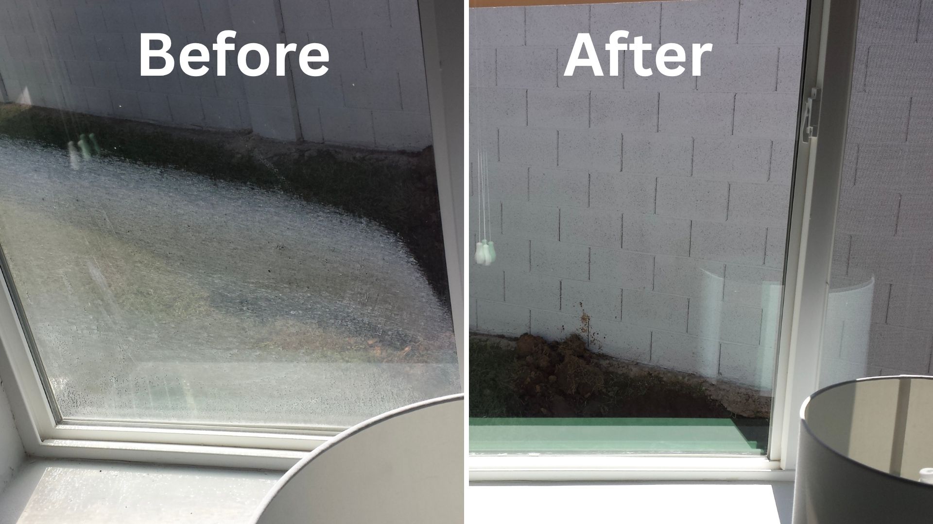 Before and after hard water spot removal on window glass